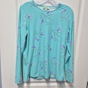 Vintage Sea Waves Stretch Sun Top M Aqua Coral Beach Y2K USA